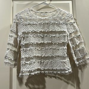 Freeway womens Lace eyelet rhinestone sheer mesh appliqué crop top 3/4 size S